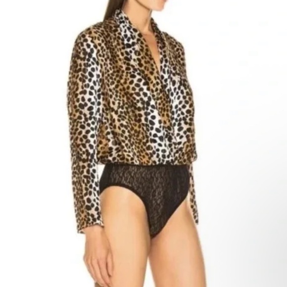RIXO Avril Leopard Black Tan Deep Plunge Line Silk Viscose Blend Bodysuit - Picture 4 of 13